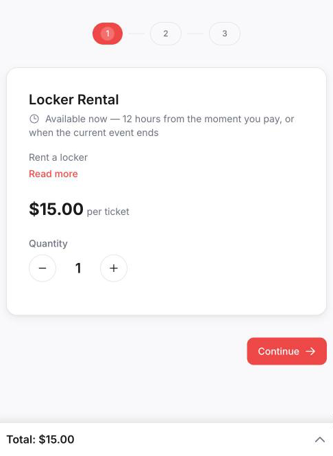 Walk-up locker rental checkout with 12-hour and 24-hour options