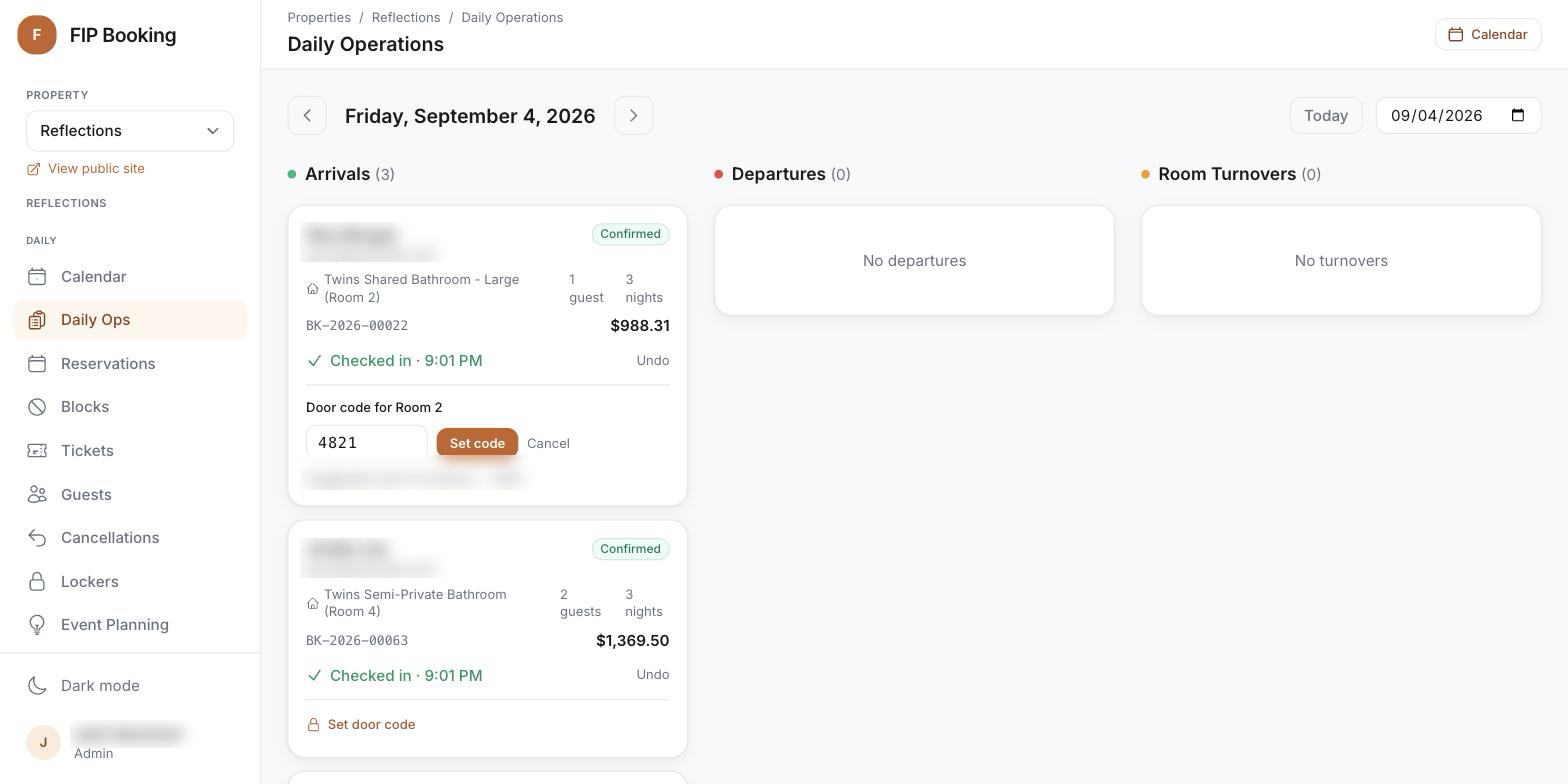 Host booking view showing the programmed room door code and lock status