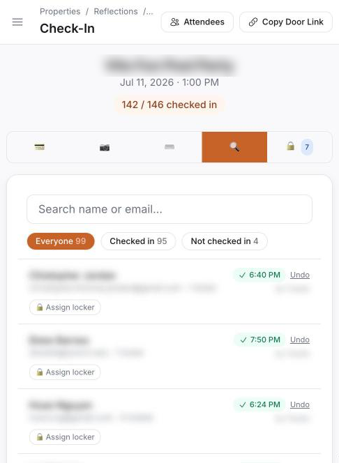 Door check-in — attendee list with check-in times