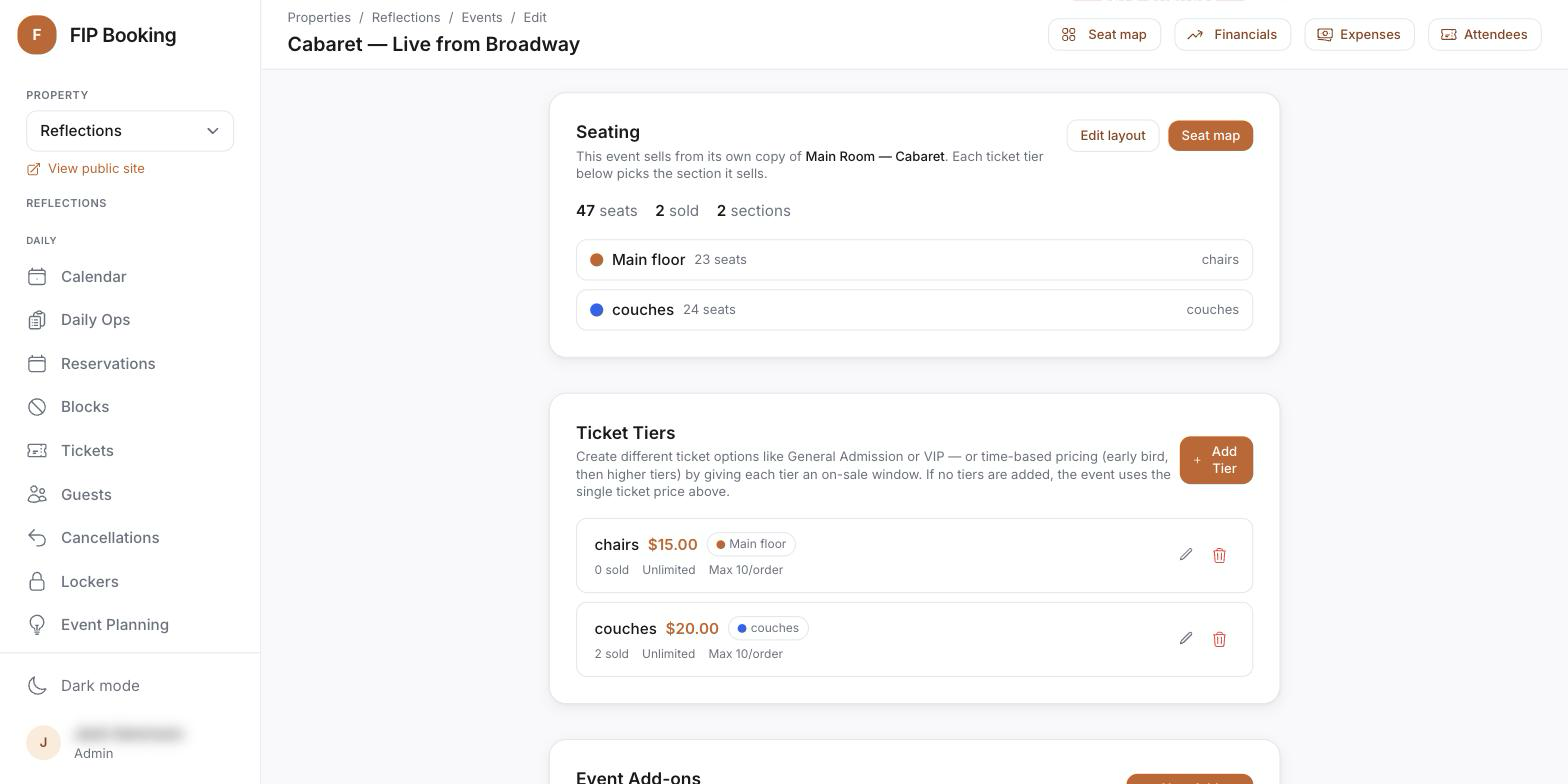 Event editor with tiers, reserved seating and timed reservation options