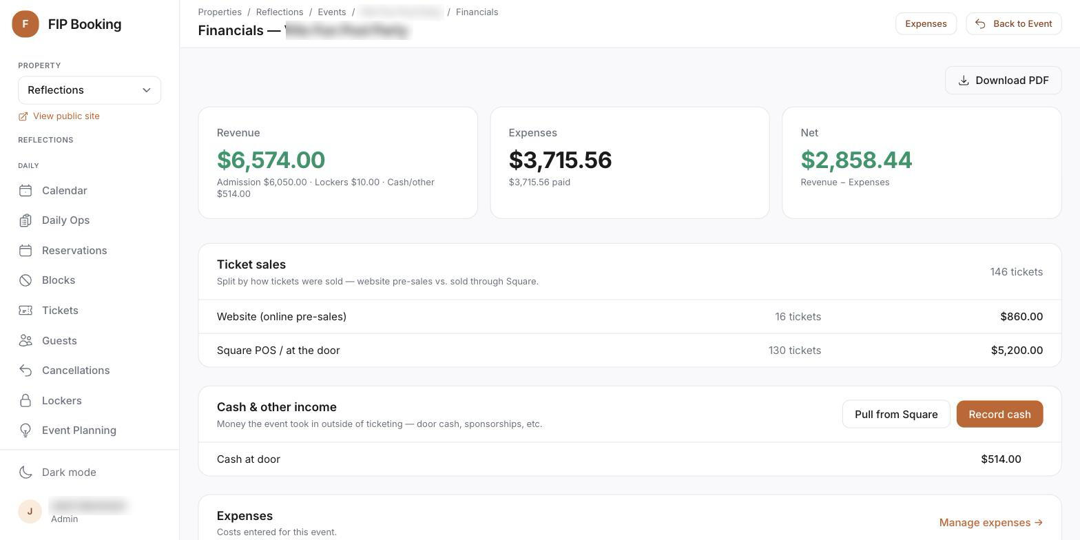 Event financials page with expenses, producer splits and settlement