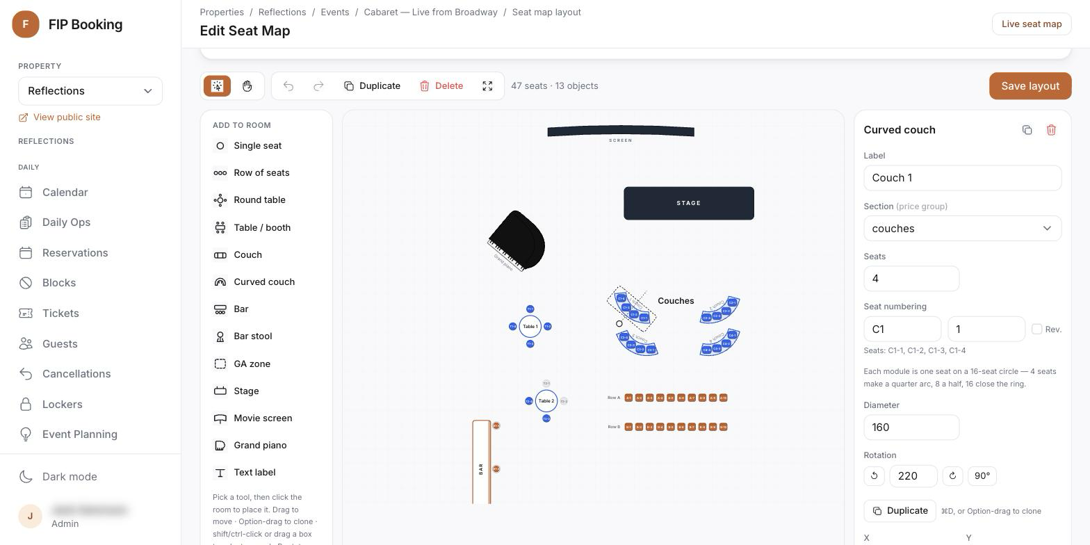 Seating chart builder with tables, a curved couch, a bar and a stage