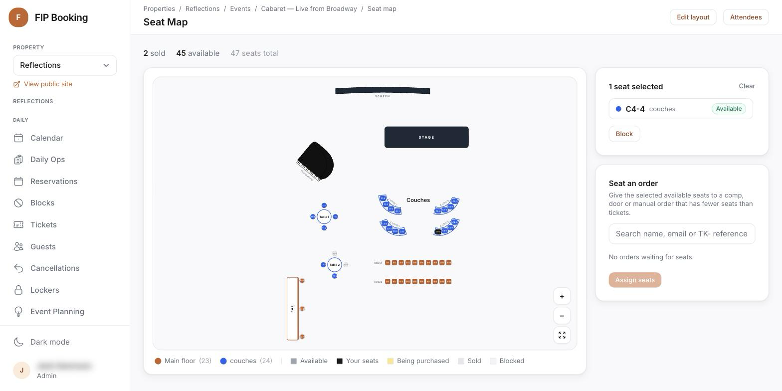 Host’s live seat map with sold, held, available and blocked seats
