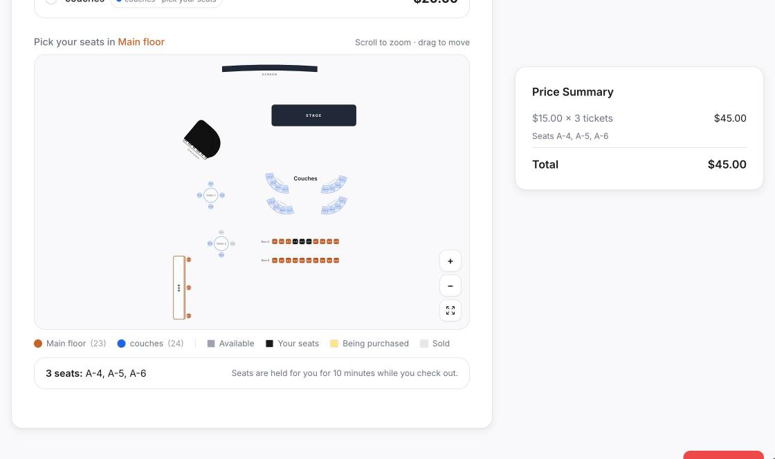 Checkout seat picker with cocktail tables and a curved couch