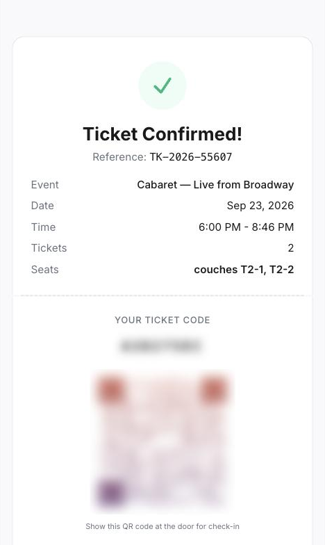 Ticket confirmation with QR code, seats and wallet pass buttons
