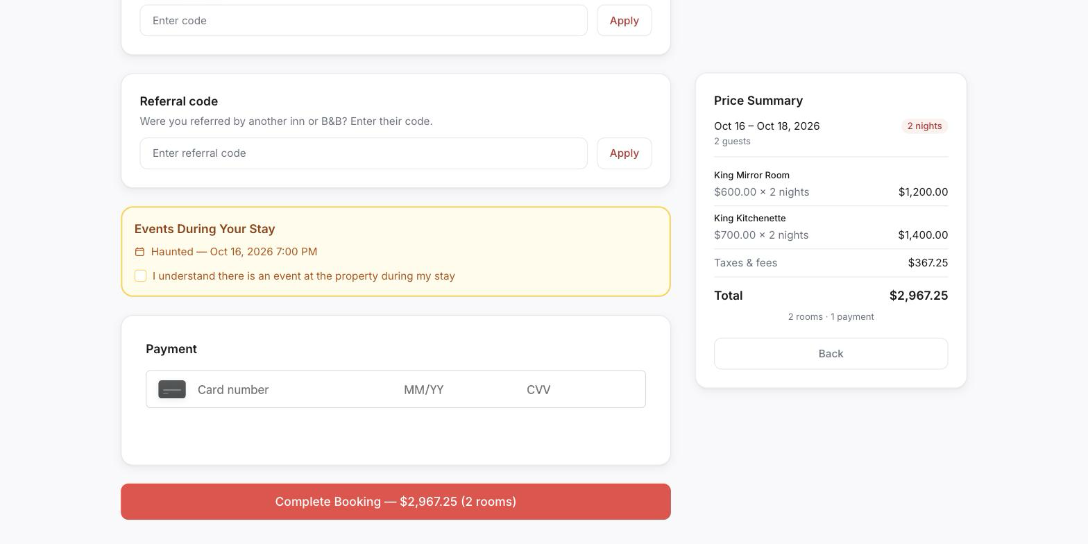 Room booking wizard warning the guest about a cabaret during their stay