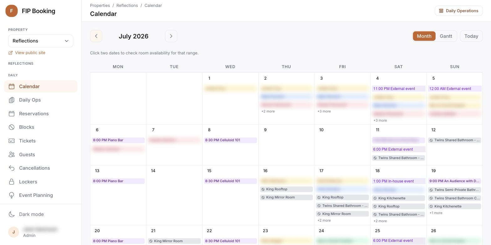 Property calendar showing room bookings and a ticketed event on the same days