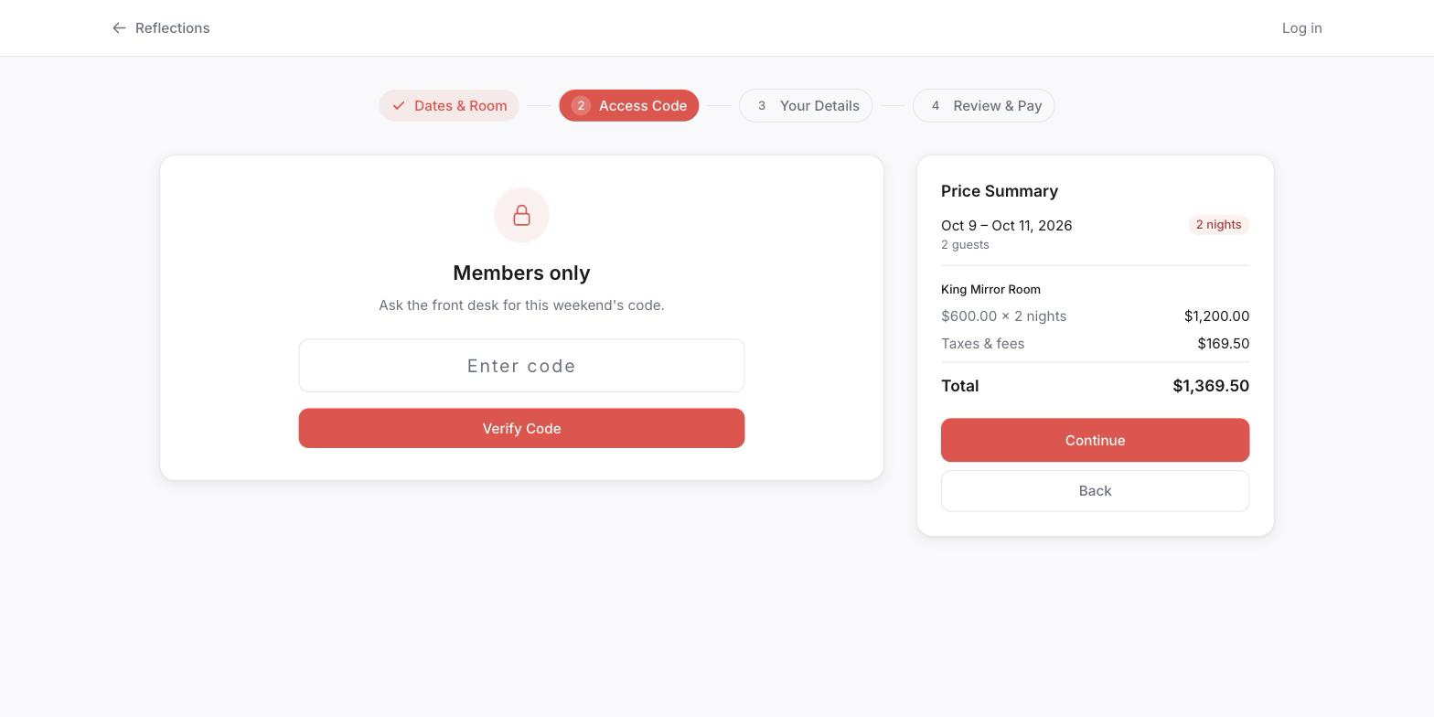 Booking wizard asking for an access code for a restricted booking period