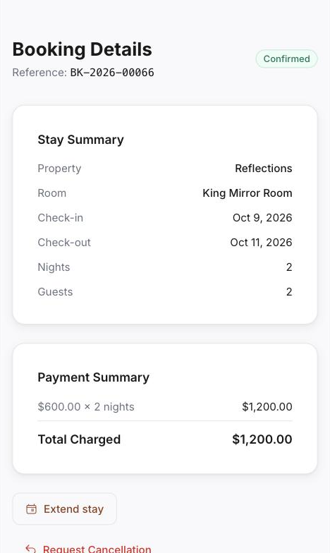 Guest account showing a stay with extend and cancel options
