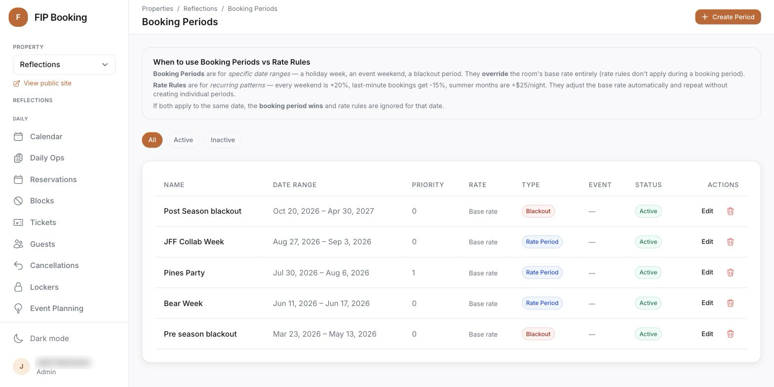 Rate rules and booking periods list