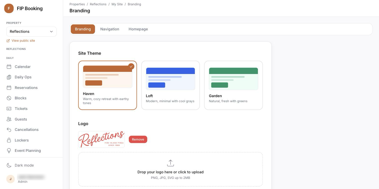 Branding settings with theme, colour and font choices