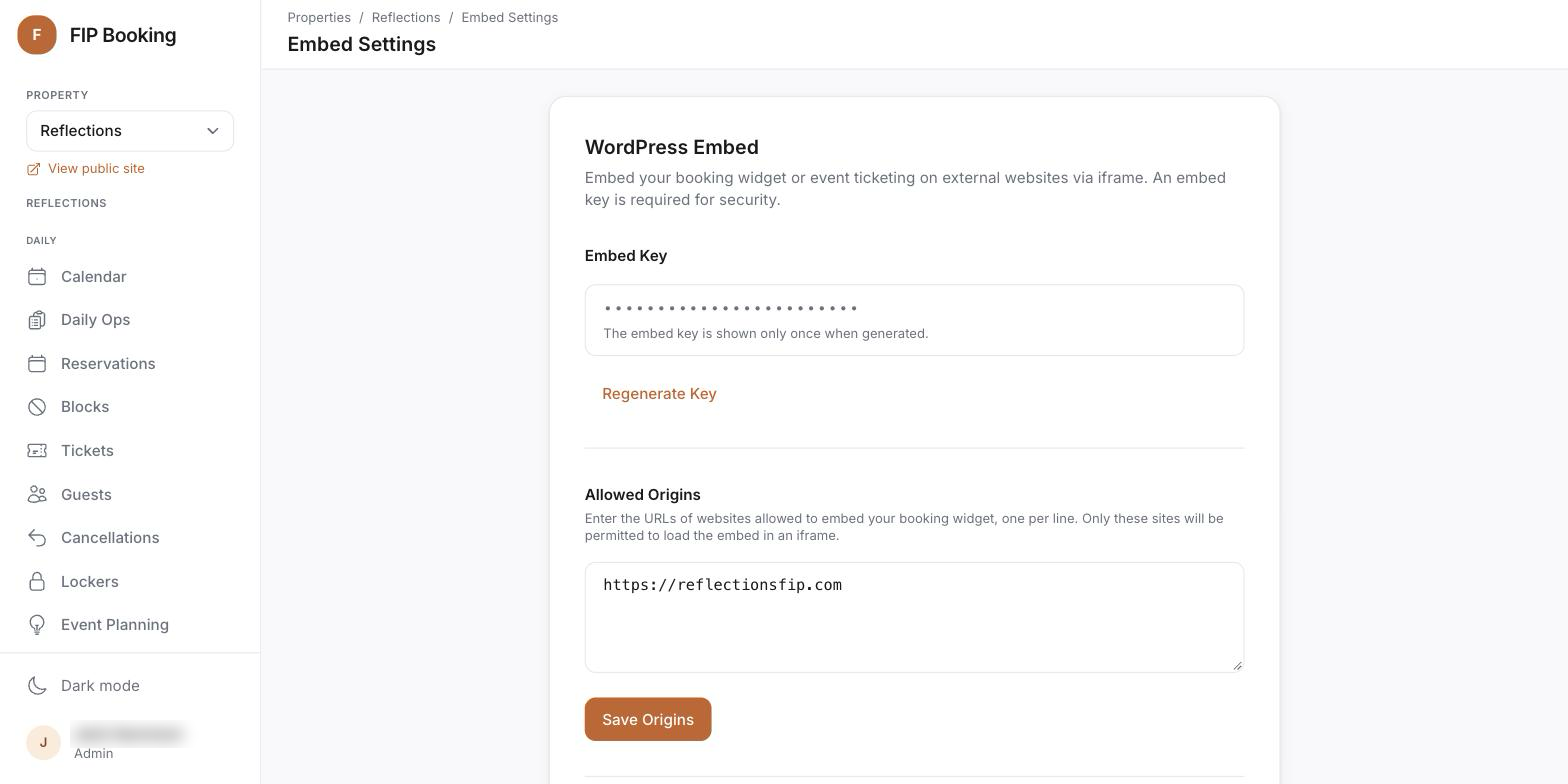 Embed widget settings with allowed origins and theme tokens