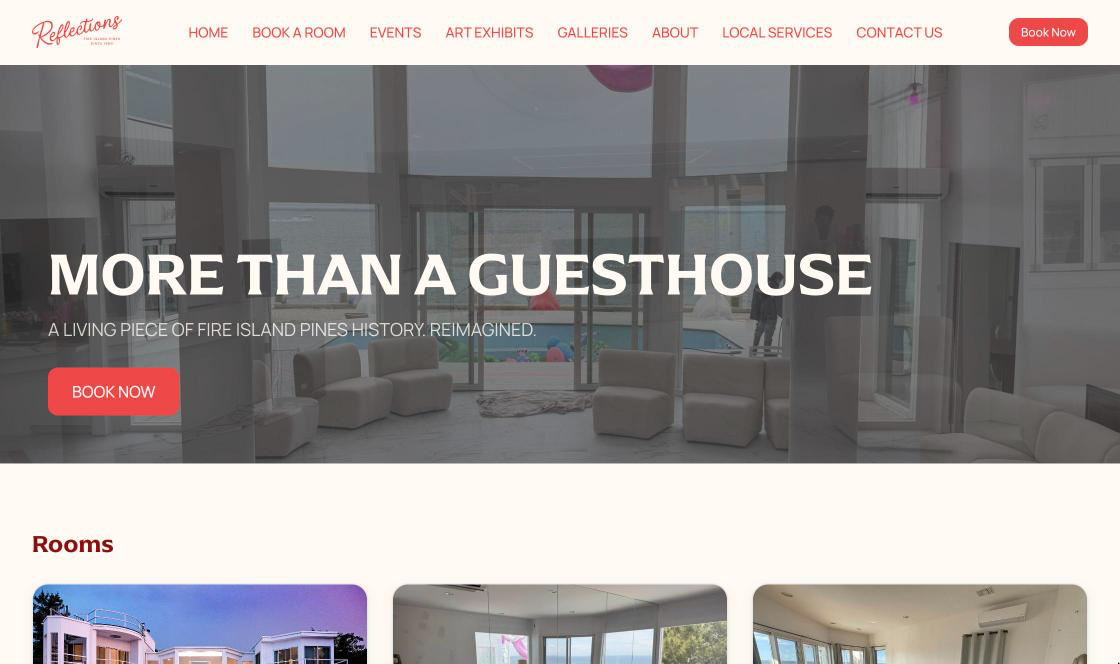 A property’s public homepage with hero, rooms and upcoming events sections